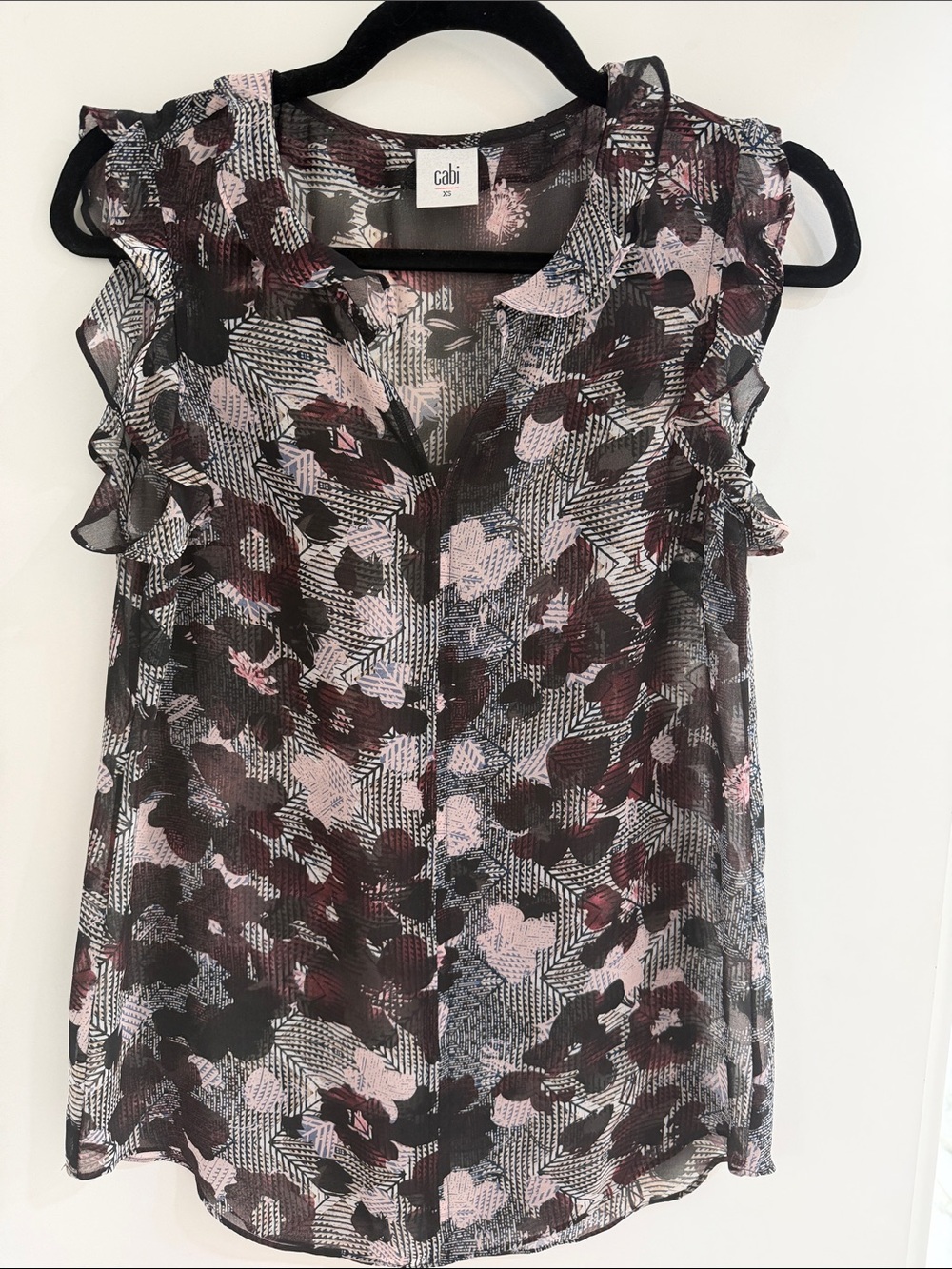 CAbi Black and Pink Floral Ruffle Cap-Sleeve Blouse